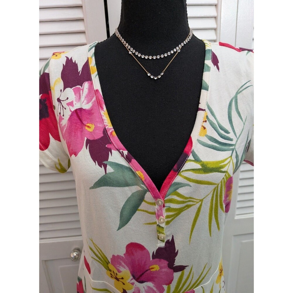 Chaps Maxi Dress sz L Cream Pink Multi Floral 100% Cotton Knit Tropical Hawaiian - Picture 2 of 13